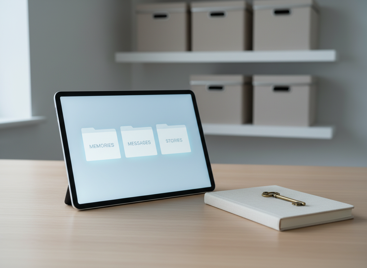 An elegant, matte charcoal digital tablet resting on a clean, pale oak desk, its screen displaying a softly glowing interface of organized folders labeled “Memories,” “Messages,” and “Stories.” Beside it lies a closed, linen-textured journal with a brass key resting on top, symbolizing a vault. Cool daylight streams through an unseen window from the left, creating gentle highlights on the tablet’s edge and soft shadows under the key. The background is slightly blurred, showing minimalist shelving with neatly arranged neutral-colored boxes. Photographic realism, shot at eye level with a shallow depth of field, creating a calm, professional, and reassuring atmosphere about protecting a digital legacy.